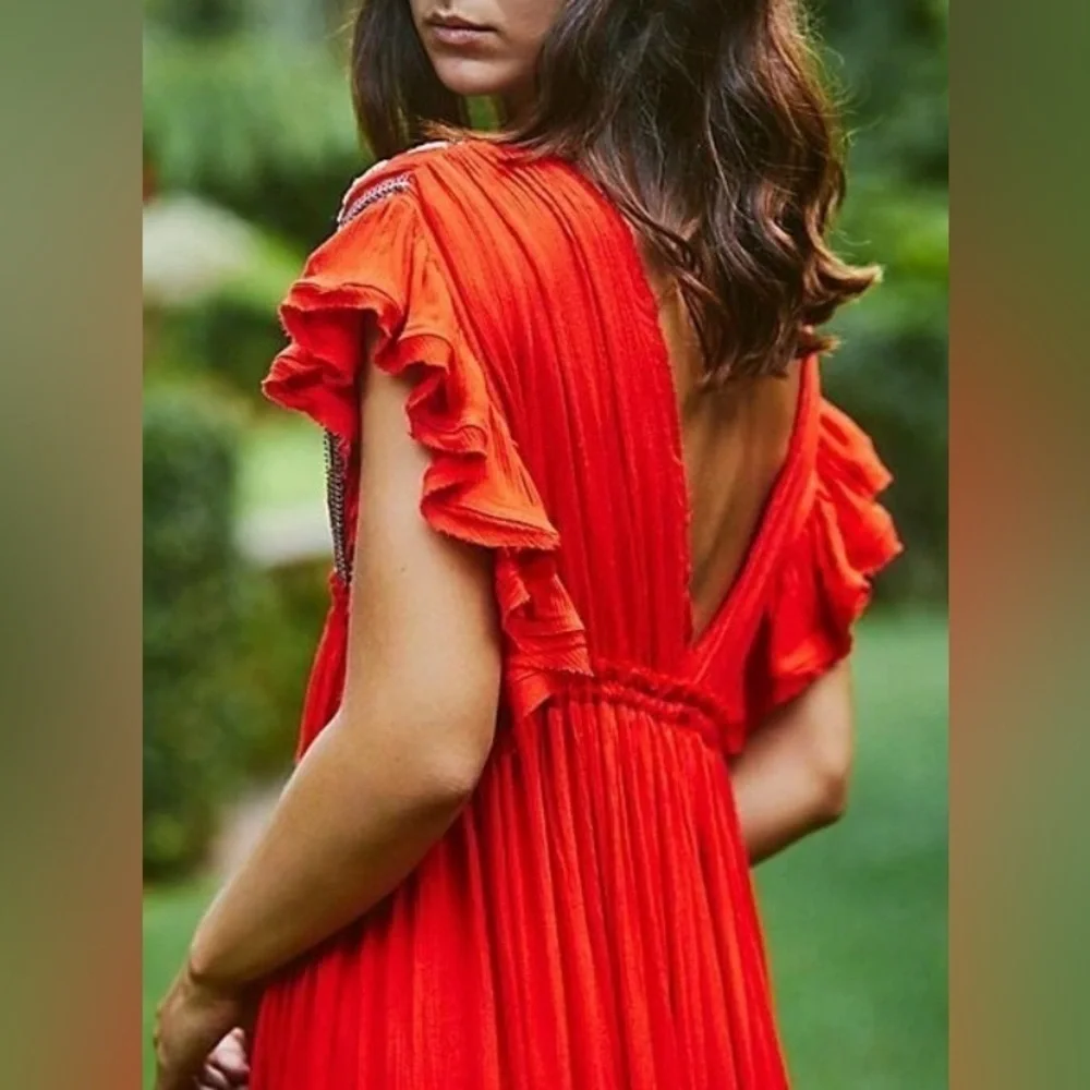 Free People Bali Will Wait For You Boho V Neck Midi Dress Red Embroidered Size S
